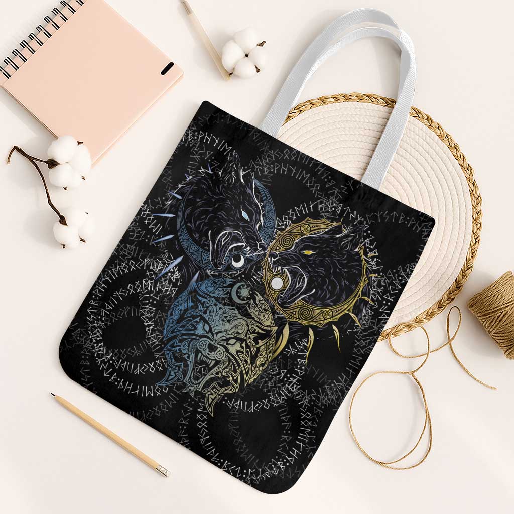 Skoll and Hati Norse Mythology Tote Bag Viking Dual Moon Celtic Line Art