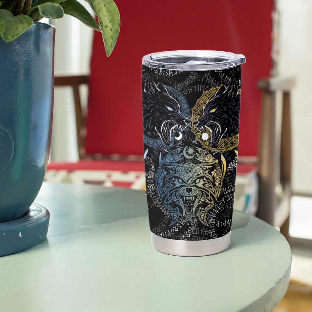 Skoll and Hati Norse Mythology Tumbler Cup Viking Dual Moon Celtic Line Art