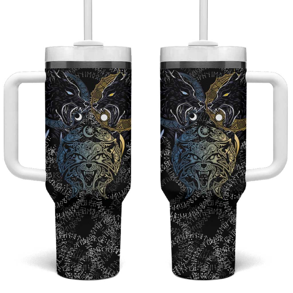 Skoll and Hati Norse Mythology Tumbler With Handle Viking Dual Moon Celtic Line Art