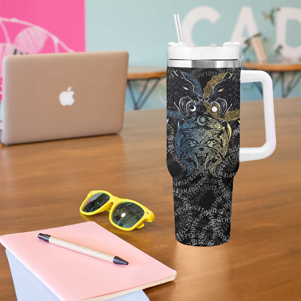 Skoll and Hati Norse Mythology Tumbler With Handle Viking Dual Moon Celtic Line Art