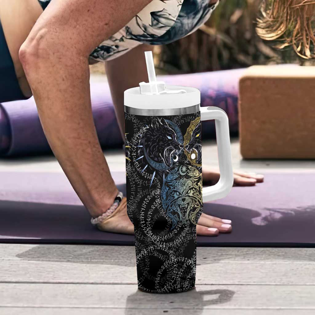 Skoll and Hati Norse Mythology Tumbler With Handle Viking Dual Moon Celtic Line Art