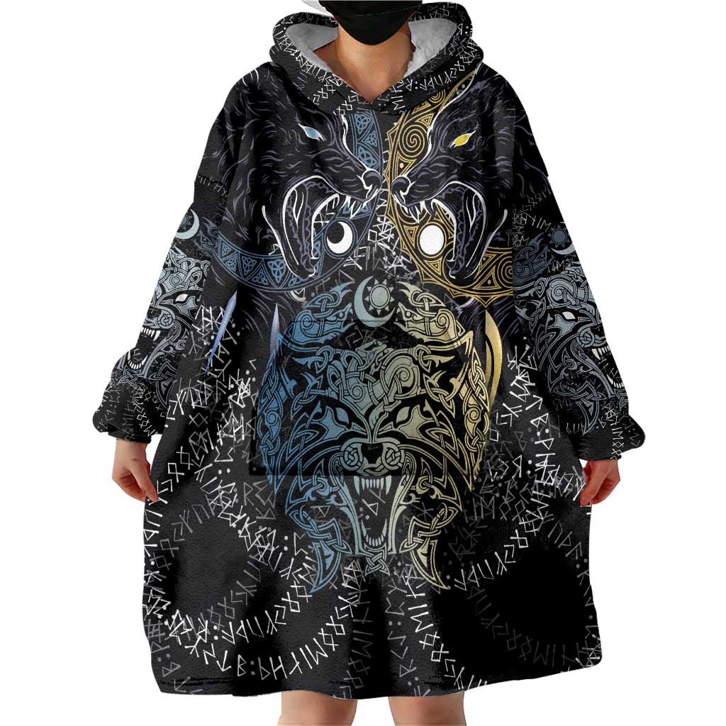 Skoll and Hati Norse Mythology Wearable Blanket Hoodie Viking Dual Moon Celtic Line Art