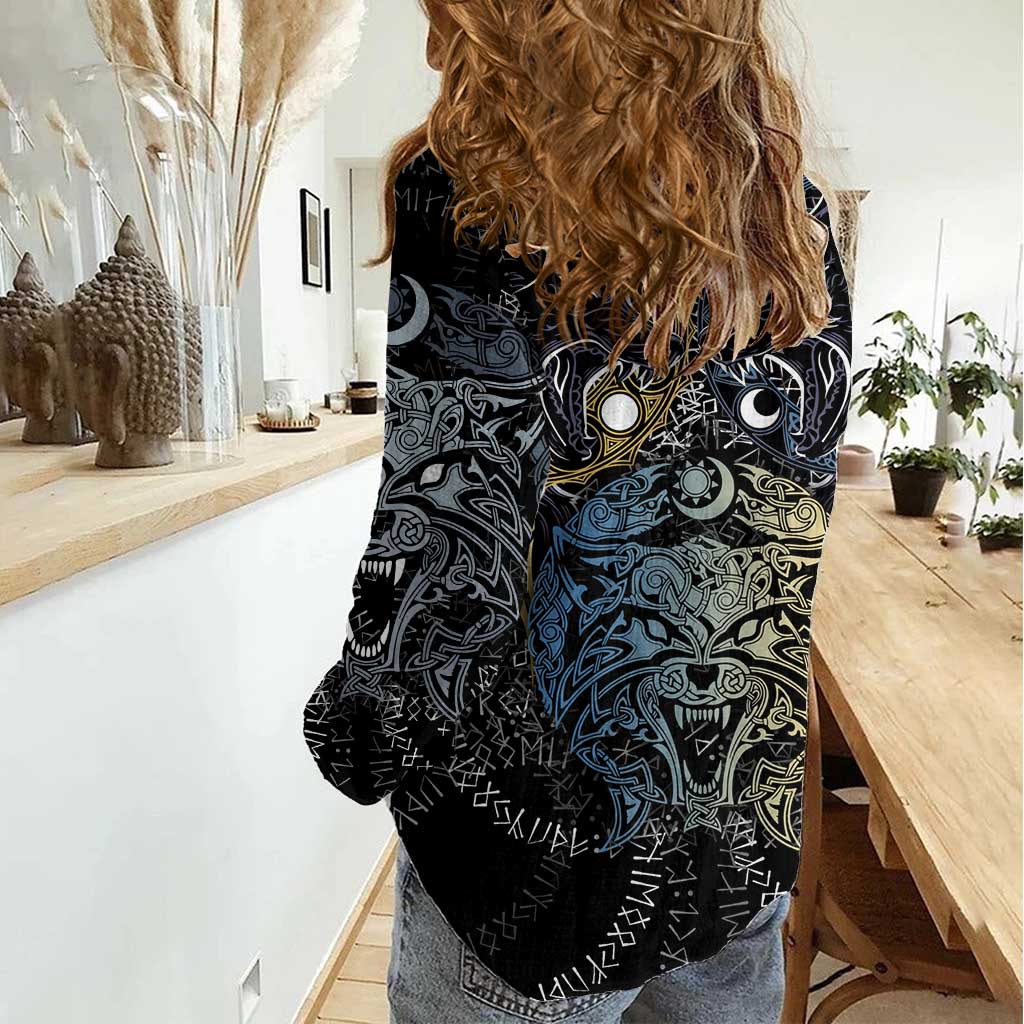 Skoll and Hati Norse Mythology Women Casual Shirt Viking Dual Moon Celtic Line Art