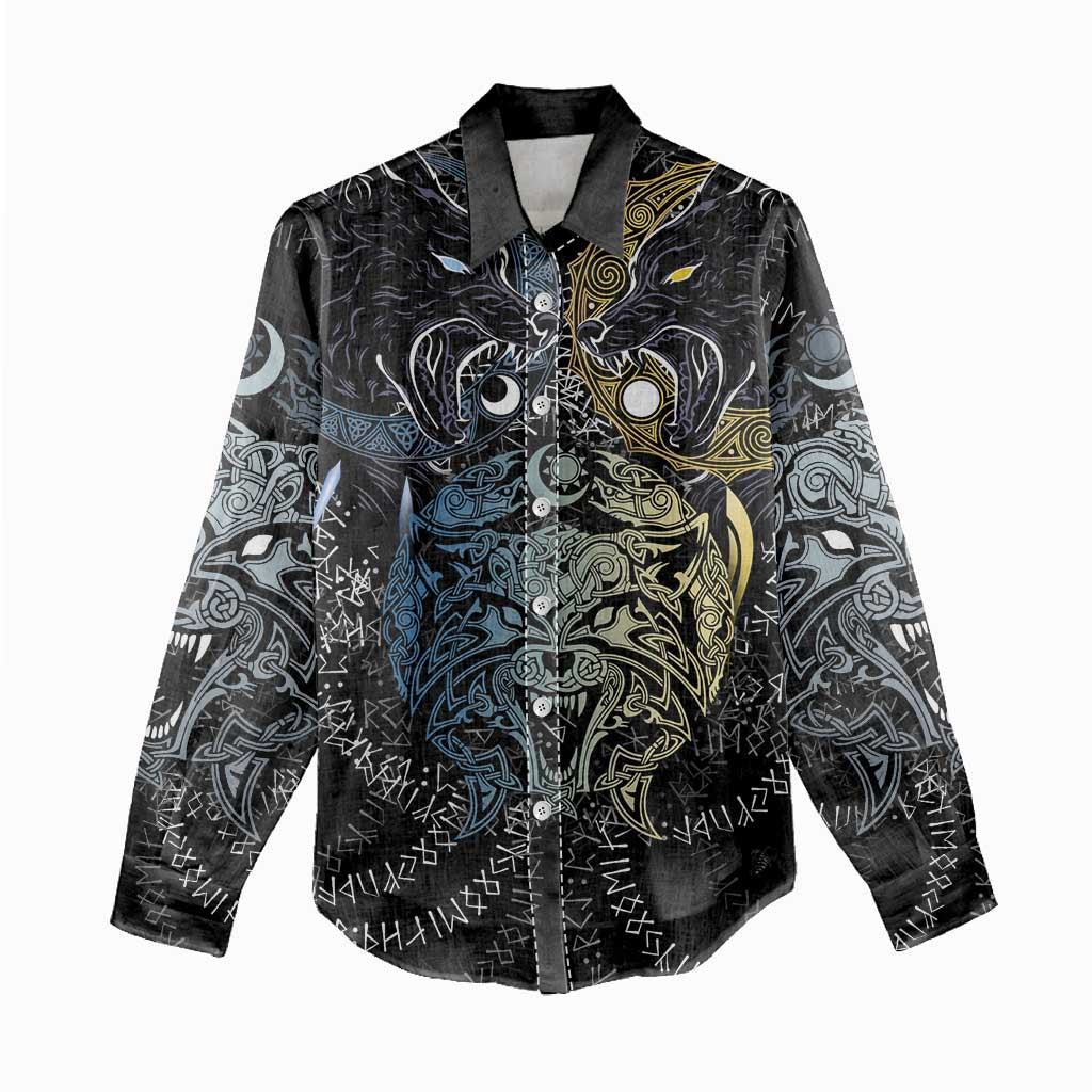 Skoll and Hati Norse Mythology Women Casual Shirt Viking Dual Moon Celtic Line Art