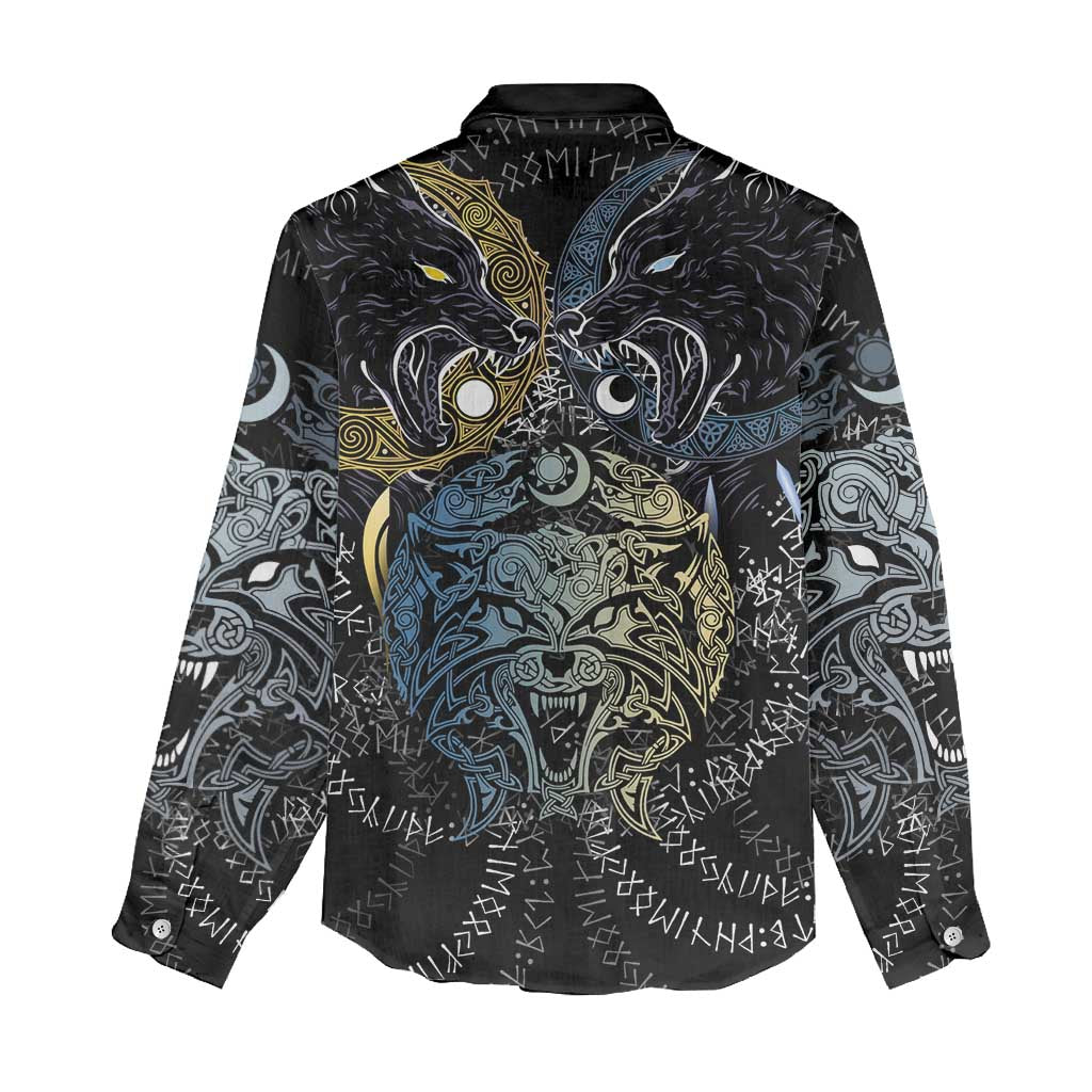 Skoll and Hati Norse Mythology Women Casual Shirt Viking Dual Moon Celtic Line Art