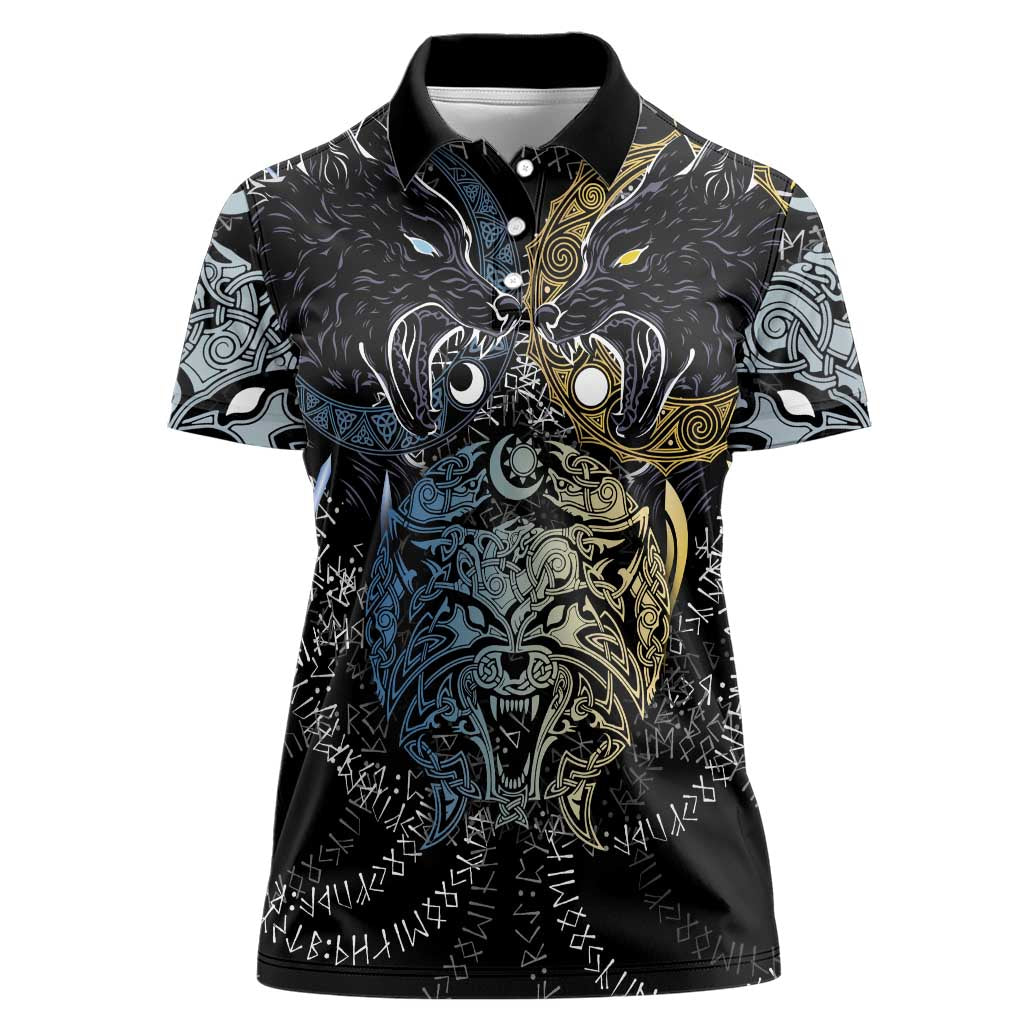Skoll and Hati Norse Mythology Women Polo Shirt Viking Dual Moon Celtic Line Art