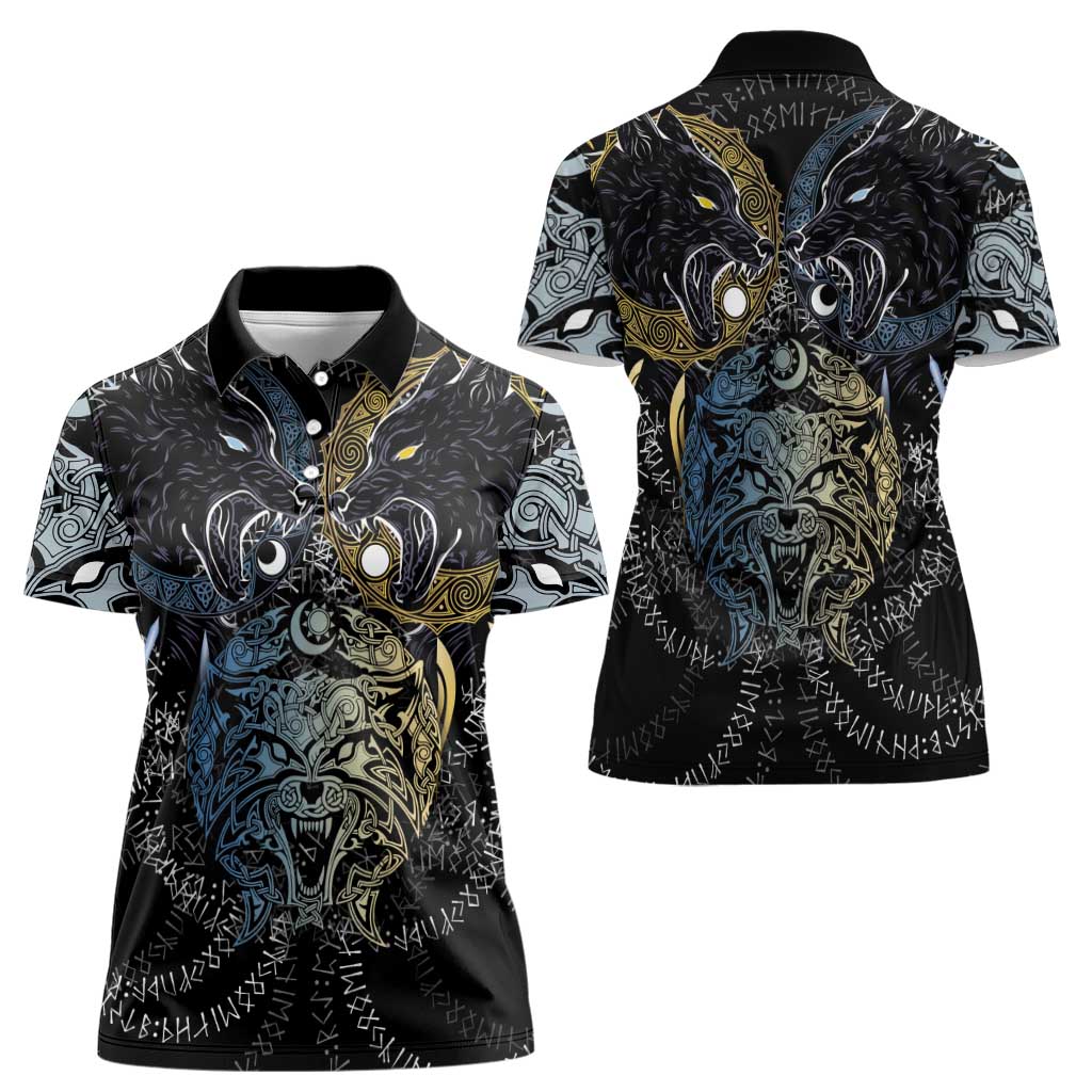 Skoll and Hati Norse Mythology Women Polo Shirt Viking Dual Moon Celtic Line Art