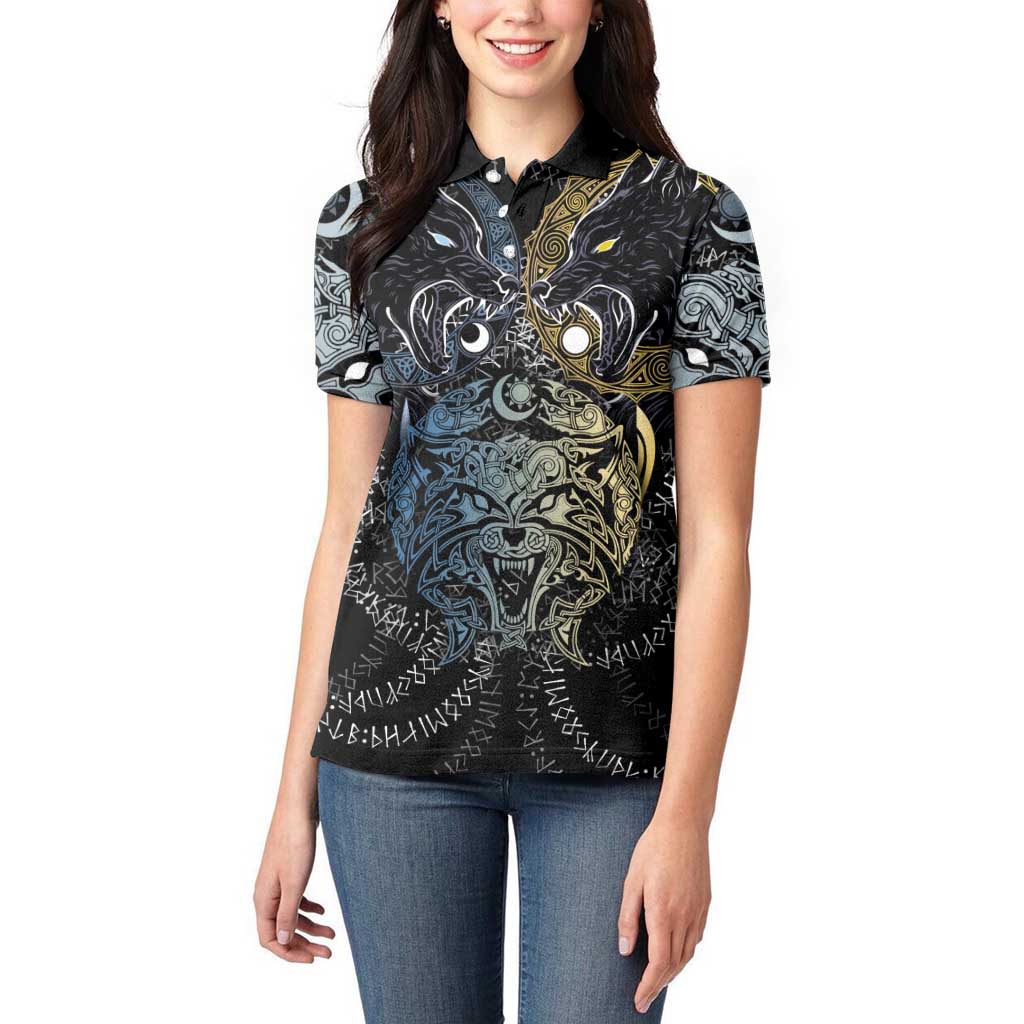 Skoll and Hati Norse Mythology Women Polo Shirt Viking Dual Moon Celtic Line Art