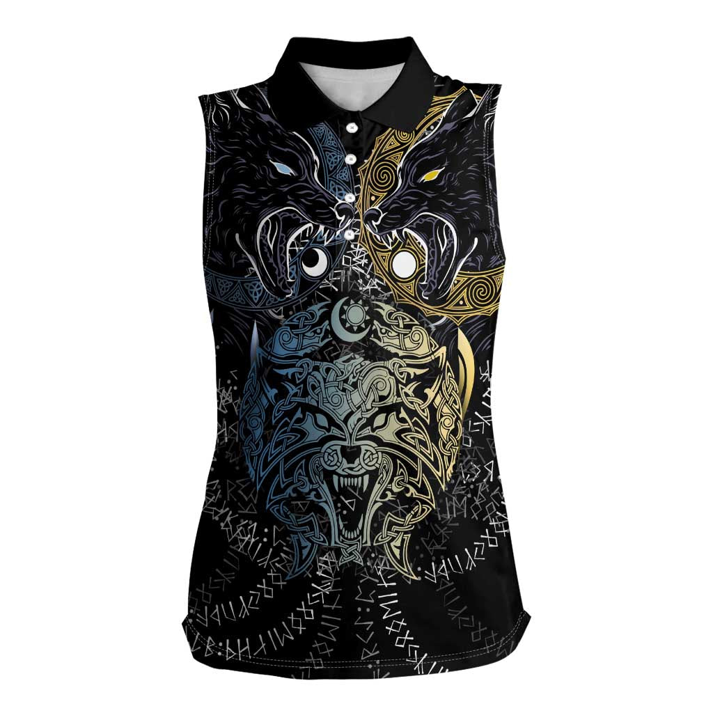 Skoll and Hati Norse Mythology Women Sleeveless Polo Shirt Viking Dual Moon Celtic Line Art
