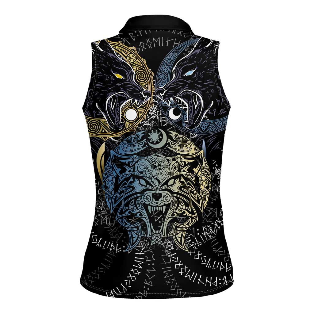Skoll and Hati Norse Mythology Women Sleeveless Polo Shirt Viking Dual Moon Celtic Line Art