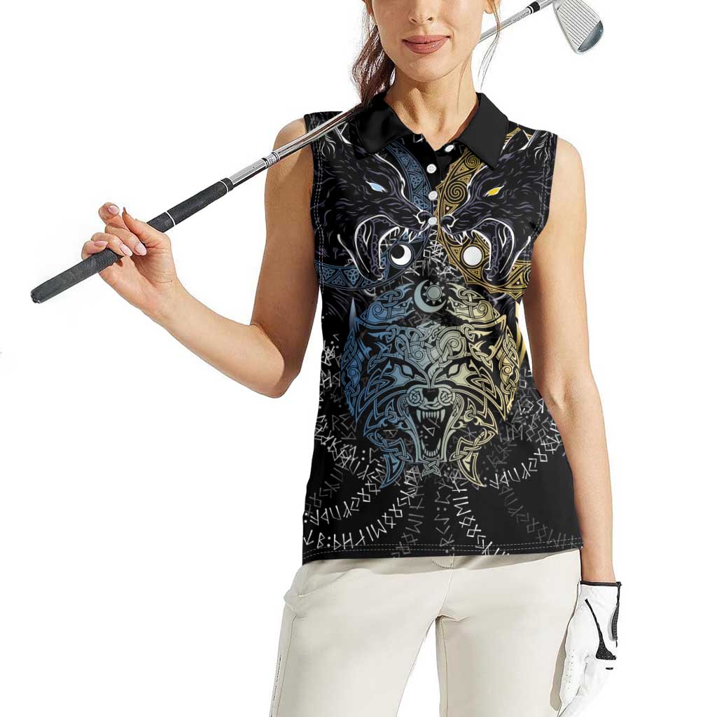 Skoll and Hati Norse Mythology Women Sleeveless Polo Shirt Viking Dual Moon Celtic Line Art