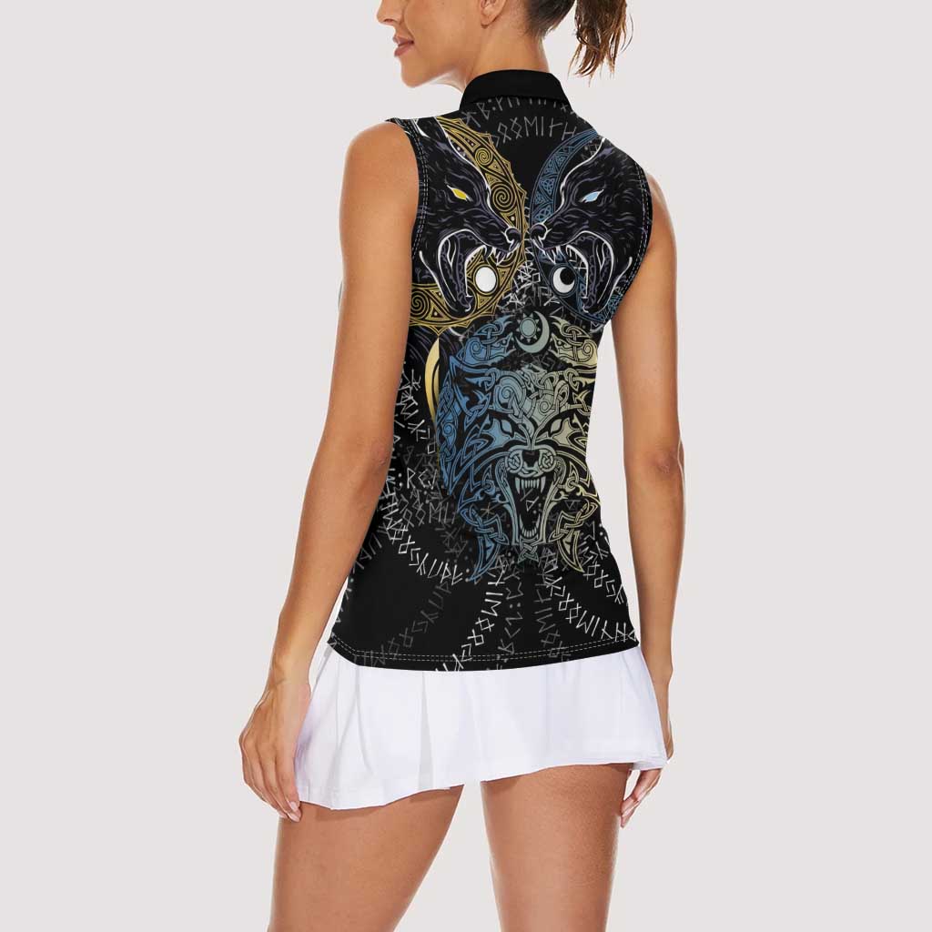 Skoll and Hati Norse Mythology Women Sleeveless Polo Shirt Viking Dual Moon Celtic Line Art