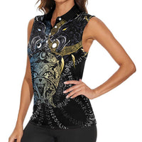 Skoll and Hati Norse Mythology Women Sleeveless Polo Shirt Viking Dual Moon Celtic Line Art