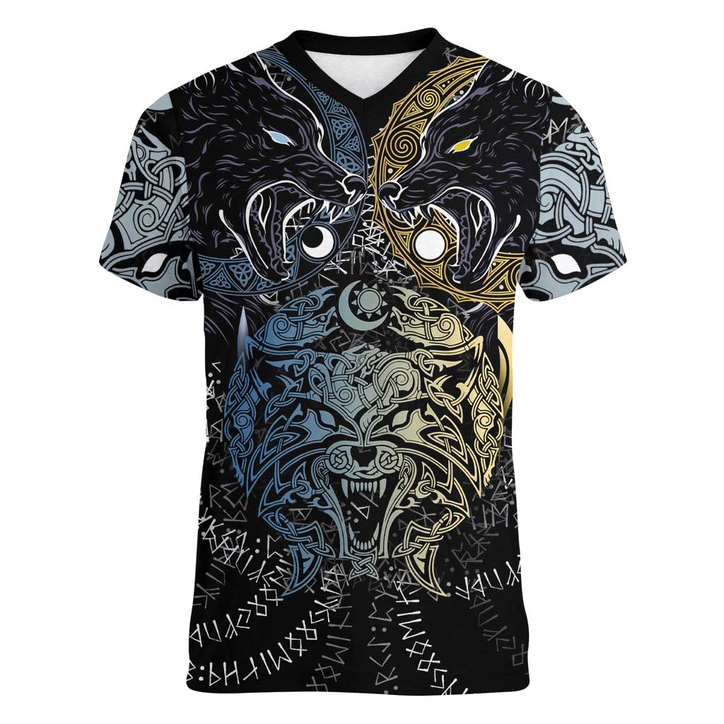 Skoll and Hati Norse Mythology Women V-Neck T-Shirt Viking Dual Moon Celtic Line Art