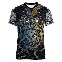 Skoll and Hati Norse Mythology Women V-Neck T-Shirt Viking Dual Moon Celtic Line Art