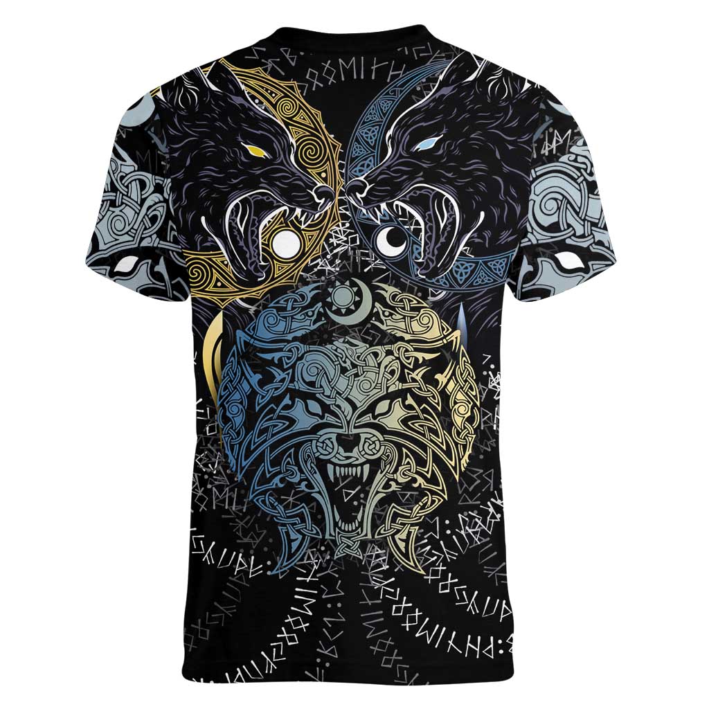 Skoll and Hati Norse Mythology Women V-Neck T-Shirt Viking Dual Moon Celtic Line Art