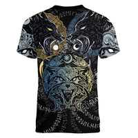 Skoll and Hati Norse Mythology Women V-Neck T-Shirt Viking Dual Moon Celtic Line Art