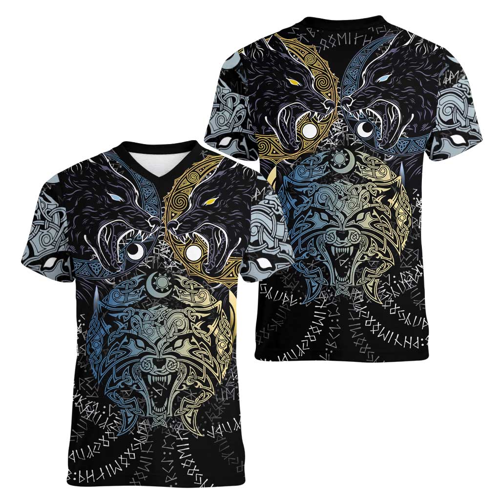 Skoll and Hati Norse Mythology Women V-Neck T-Shirt Viking Dual Moon Celtic Line Art