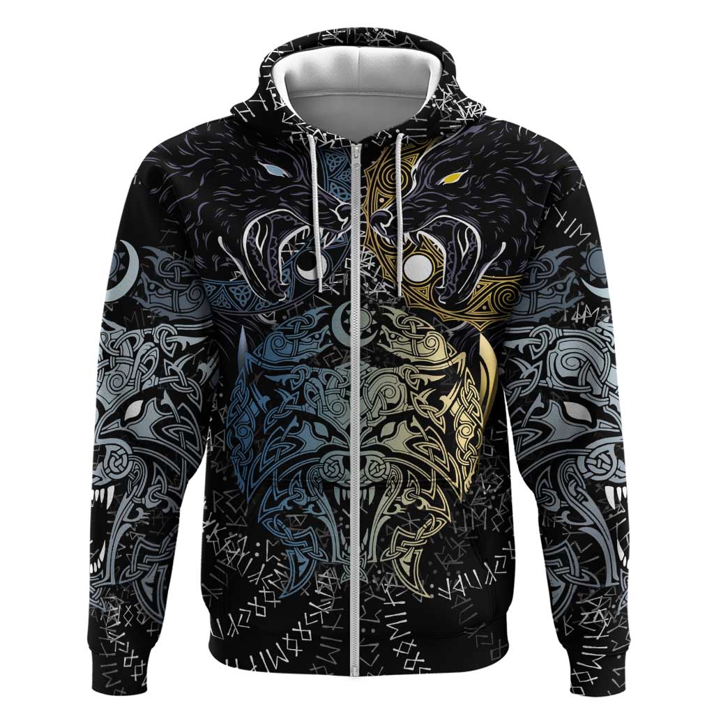 Skoll and Hati Norse Mythology Zip Hoodie Viking Dual Moon Celtic Line Art