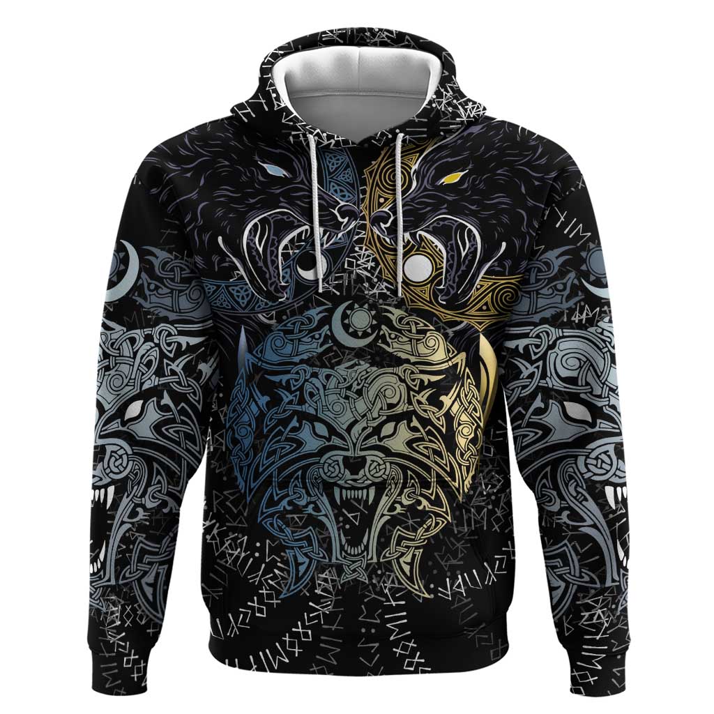 Skoll and Hati Norse Mythology Zip Hoodie Viking Dual Moon Celtic Line Art