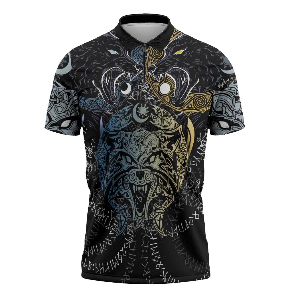 Skoll and Hati Norse Mythology Zipper Polo Shirt Viking Dual Moon Celtic Line Art
