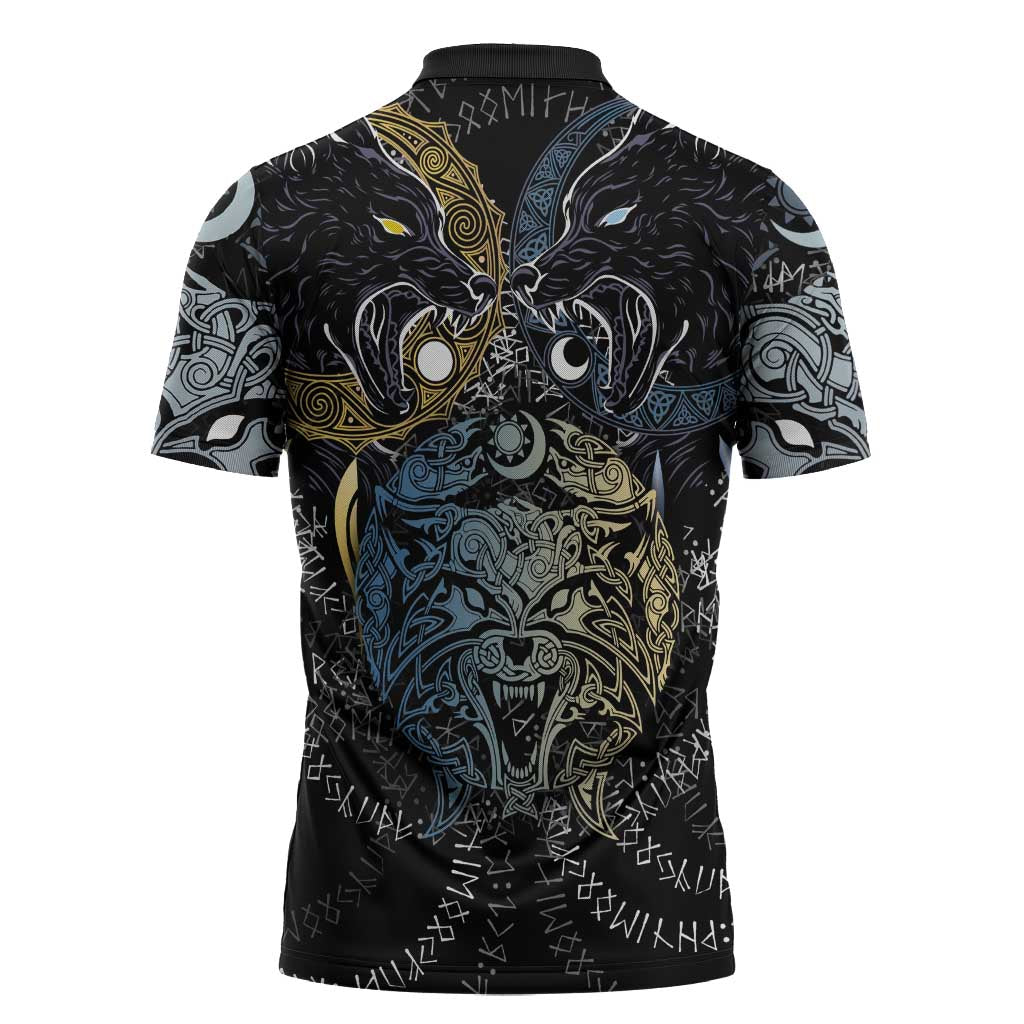 Skoll and Hati Norse Mythology Zipper Polo Shirt Viking Dual Moon Celtic Line Art