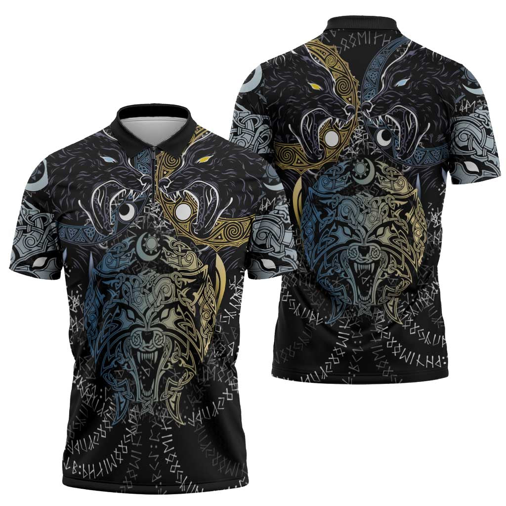 Skoll and Hati Norse Mythology Zipper Polo Shirt Viking Dual Moon Celtic Line Art