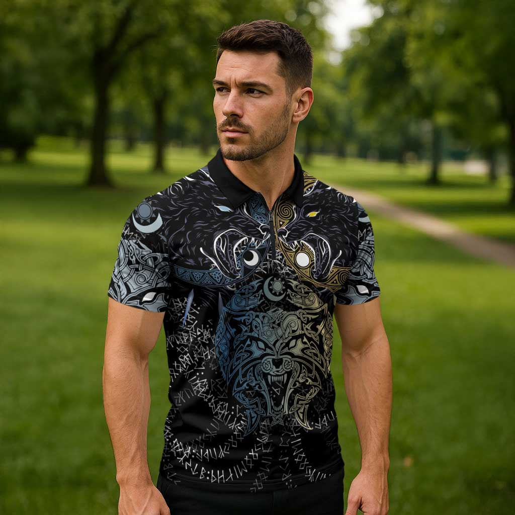 Skoll and Hati Norse Mythology Zipper Polo Shirt Viking Dual Moon Celtic Line Art