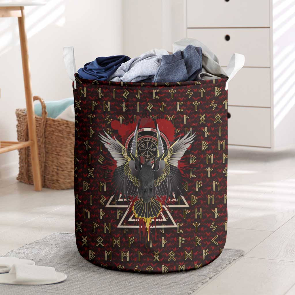 Raven and Bear Norse Symbolism Laundry Basket Viking Blood Red Rune Art Style