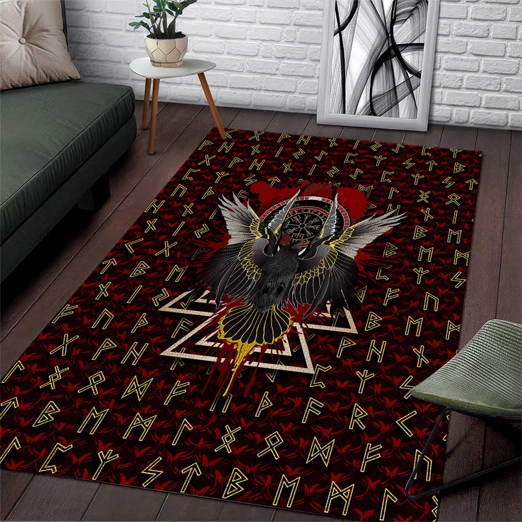 Raven and Bear Norse Symbolism Area Rug Viking Blood Red Rune Art Style