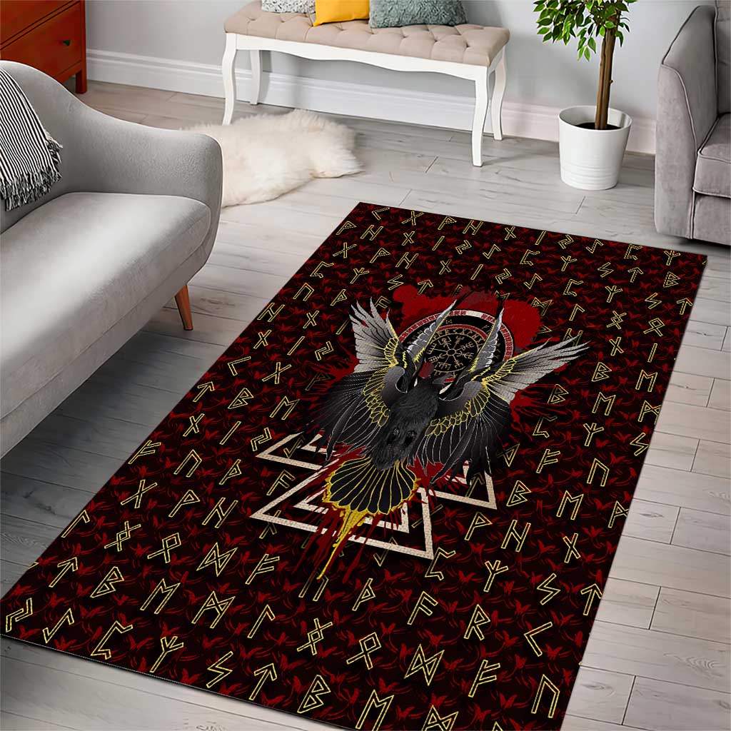 Raven and Bear Norse Symbolism Area Rug Viking Blood Red Rune Art Style