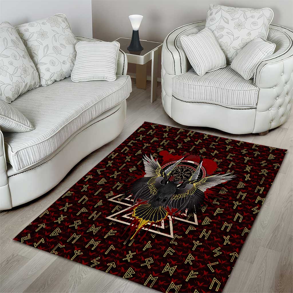 Raven and Bear Norse Symbolism Area Rug Viking Blood Red Rune Art Style