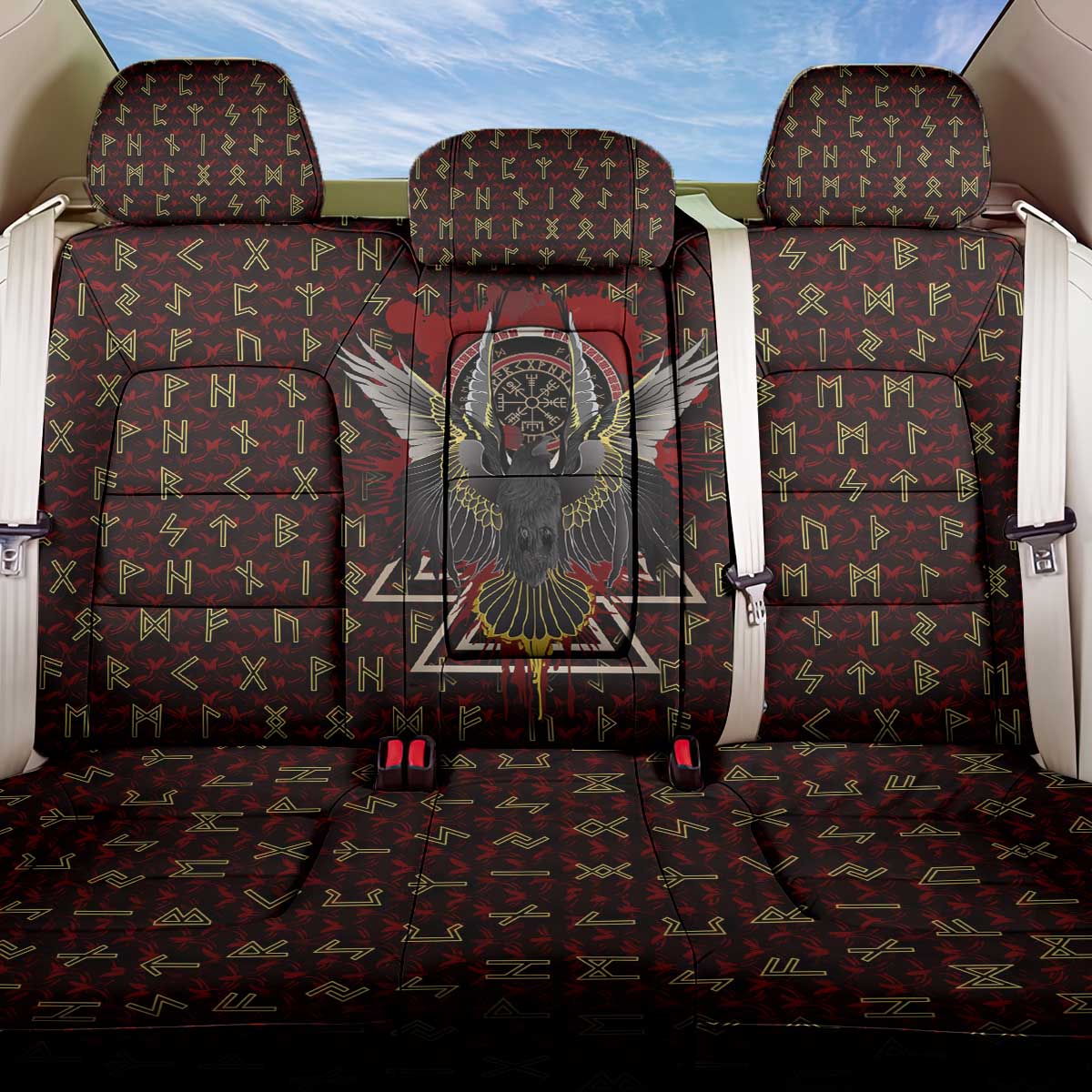 Raven and Bear Norse Symbolism Back Car Seat Cover Viking Blood Red Rune Art Style
