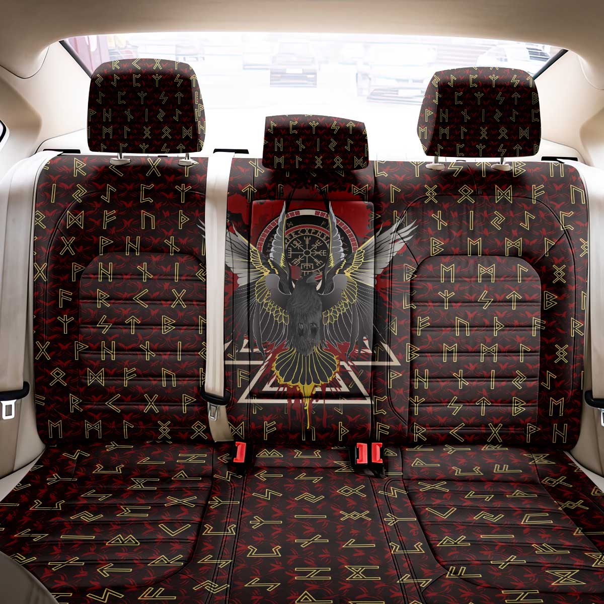 Raven and Bear Norse Symbolism Back Car Seat Cover Viking Blood Red Rune Art Style