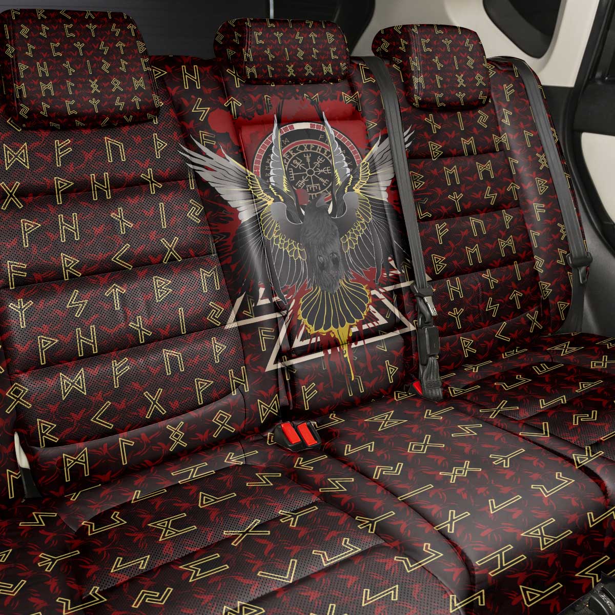 Raven and Bear Norse Symbolism Back Car Seat Cover Viking Blood Red Rune Art Style