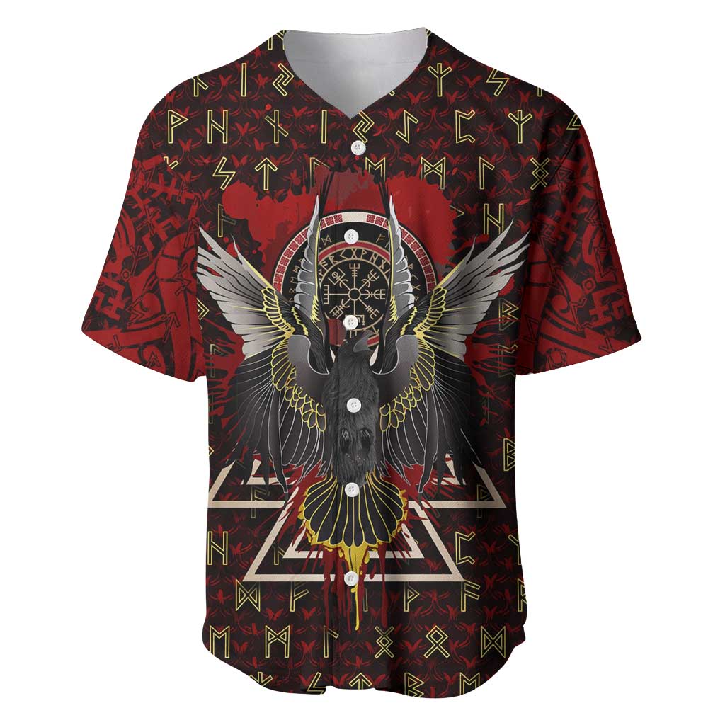 Raven and Bear Norse Symbolism Baseball Jersey Viking Blood Red Rune Art Style