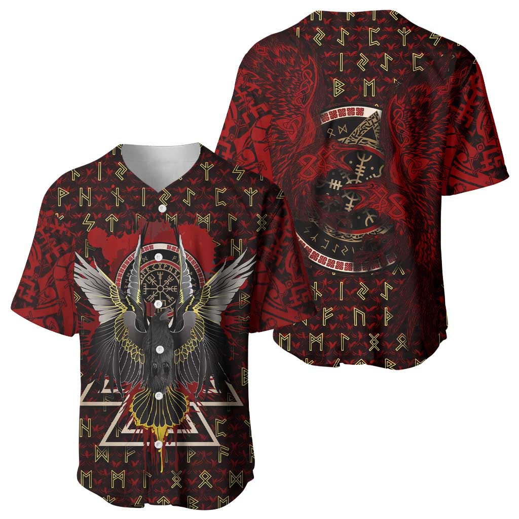 Raven and Bear Norse Symbolism Baseball Jersey Viking Blood Red Rune Art Style