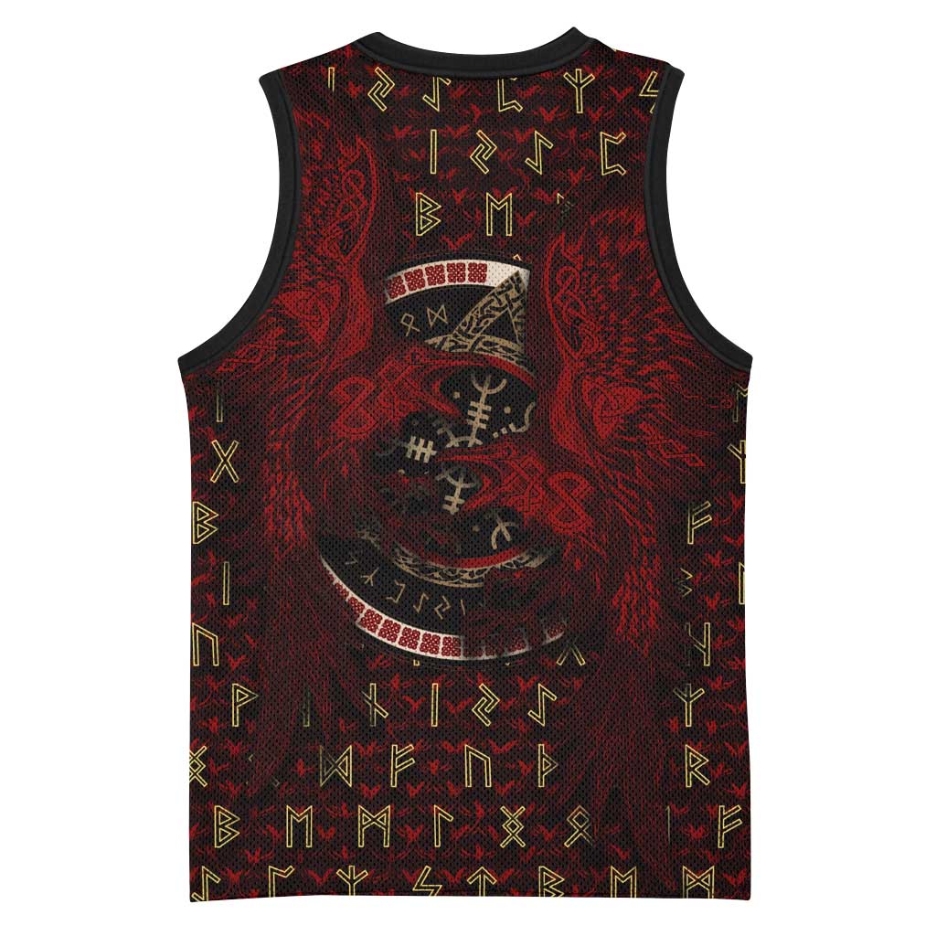 Raven and Bear Norse Symbolism Basketball Jersey Viking Blood Red Rune Art Style