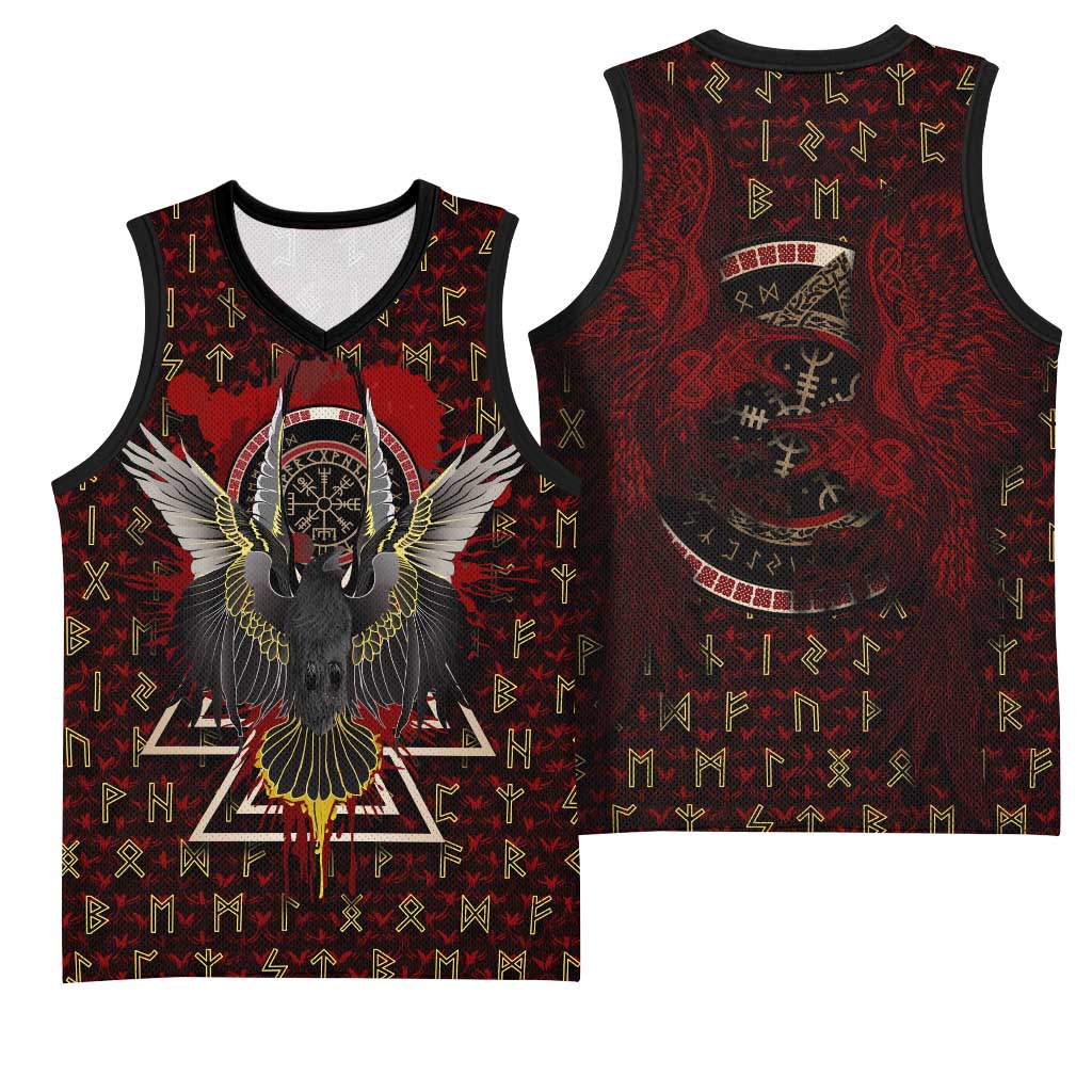 Raven and Bear Norse Symbolism Basketball Jersey Viking Blood Red Rune Art Style