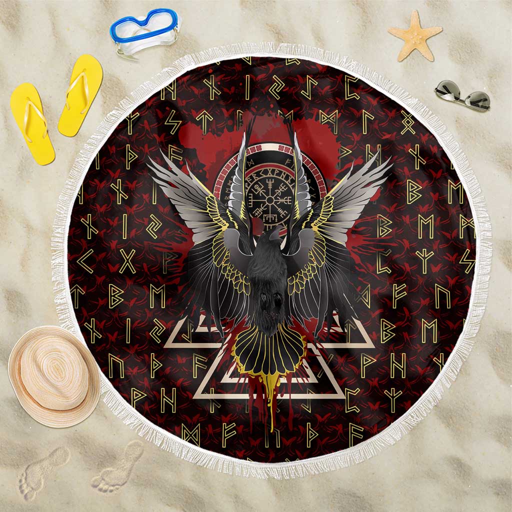 Raven and Bear Norse Symbolism Beach Blanket Viking Blood Red Rune Art Style