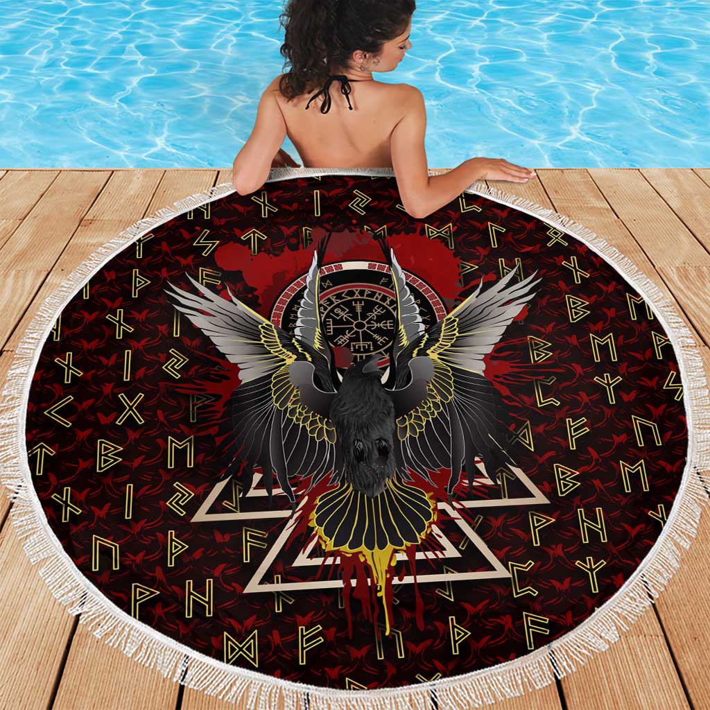 Raven and Bear Norse Symbolism Beach Blanket Viking Blood Red Rune Art Style