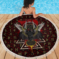 Raven and Bear Norse Symbolism Beach Blanket Viking Blood Red Rune Art Style