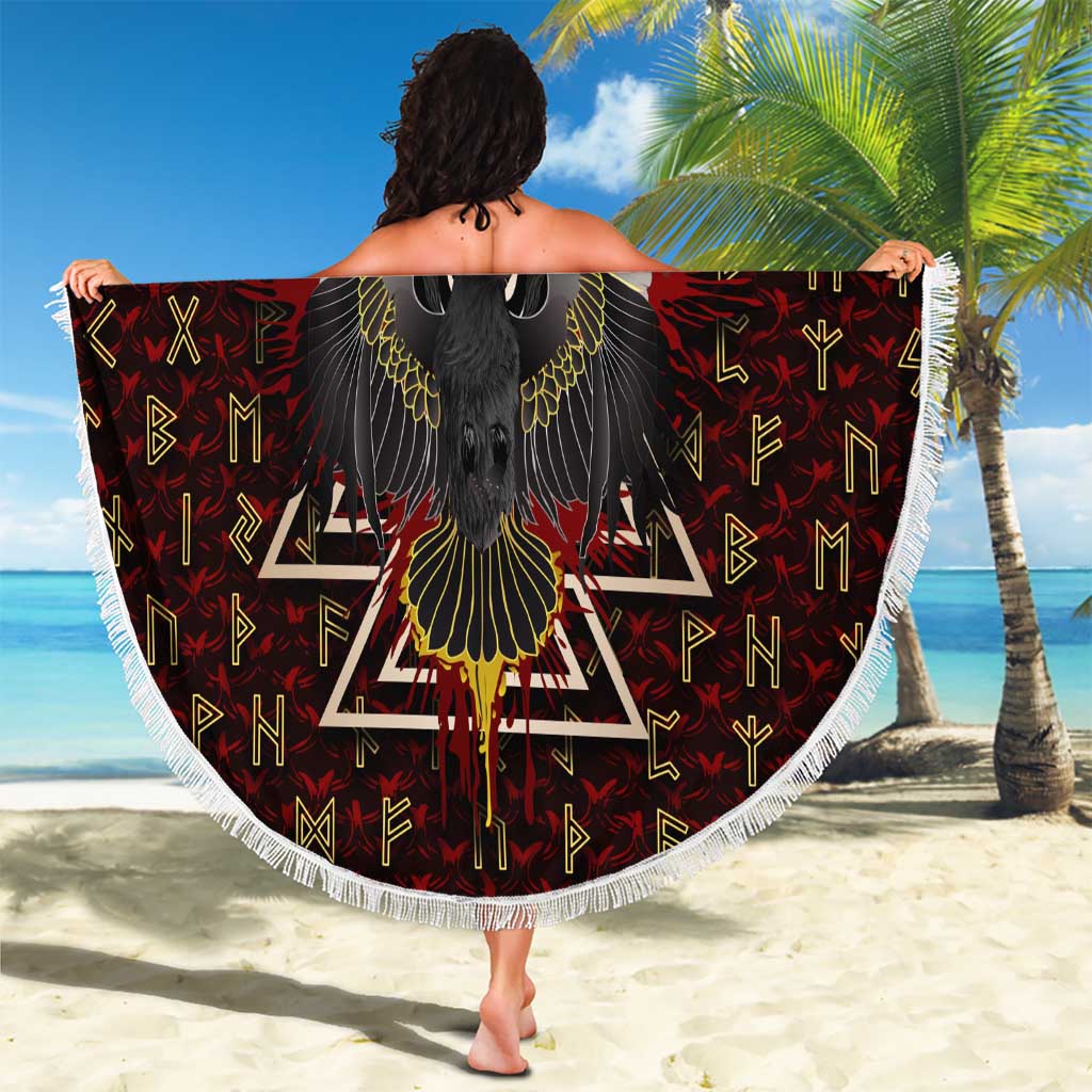 Raven and Bear Norse Symbolism Beach Blanket Viking Blood Red Rune Art Style