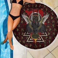 Raven and Bear Norse Symbolism Beach Blanket Viking Blood Red Rune Art Style