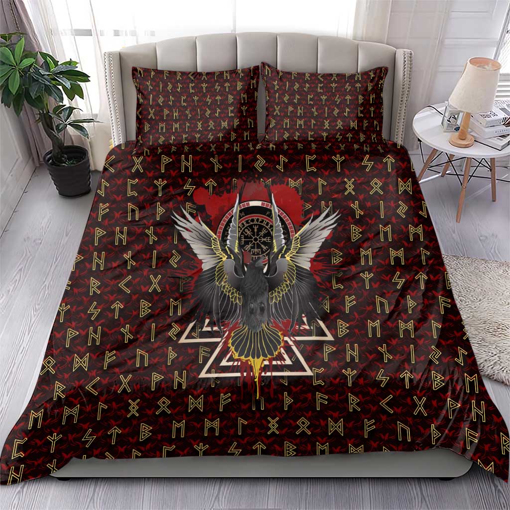 Raven and Bear Norse Symbolism Bedding Set Viking Blood Red Rune Art Style