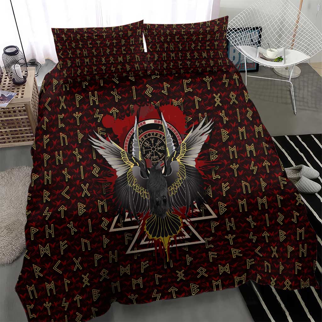 Raven and Bear Norse Symbolism Bedding Set Viking Blood Red Rune Art Style