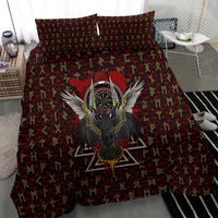 Raven and Bear Norse Symbolism Bedding Set Viking Blood Red Rune Art Style