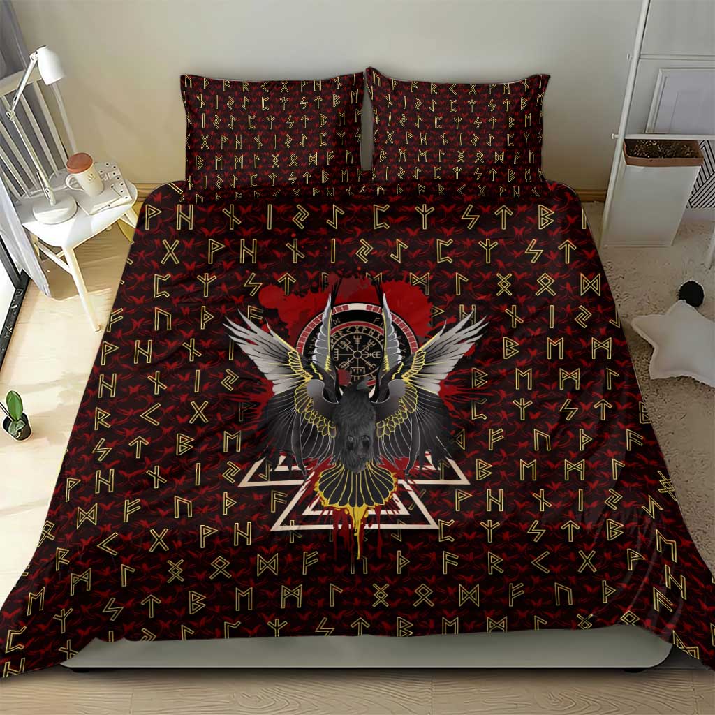 Raven and Bear Norse Symbolism Bedding Set Viking Blood Red Rune Art Style