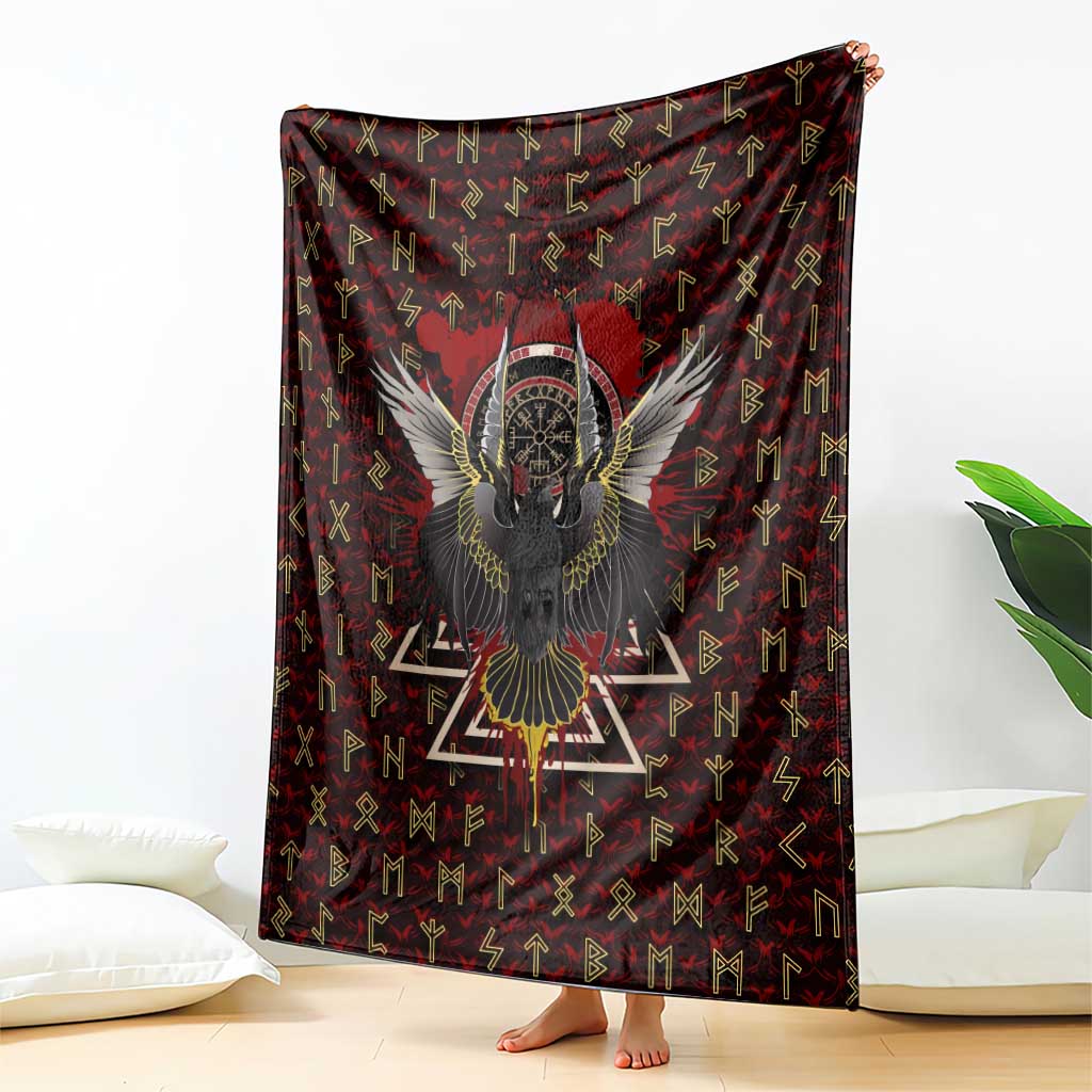 Raven and Bear Norse Symbolism Blanket Viking Blood Red Rune Art Style