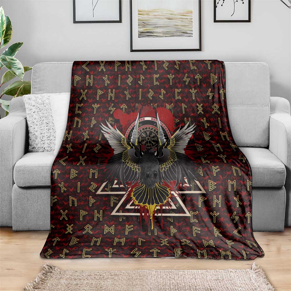 Raven and Bear Norse Symbolism Blanket Viking Blood Red Rune Art Style